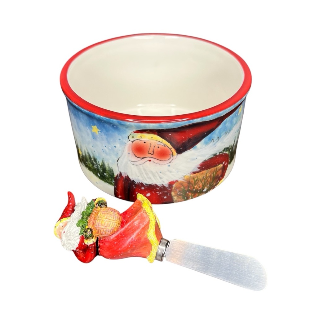 Certified International Handpainted Ceramic Enchanted Santa Dip Bowl & Spreader